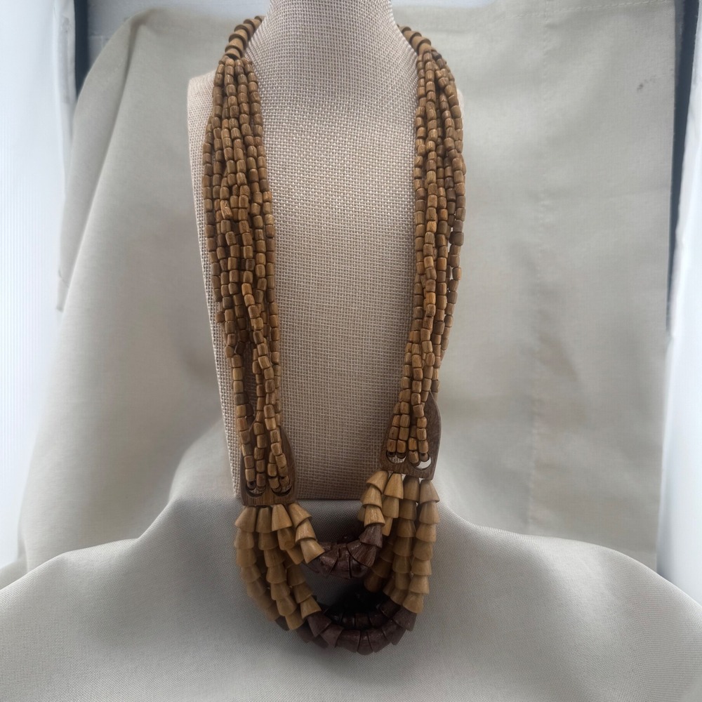 Handmade Multi Strand Wood Bead Statement Necklace Tiered Brown 24.0" Boho